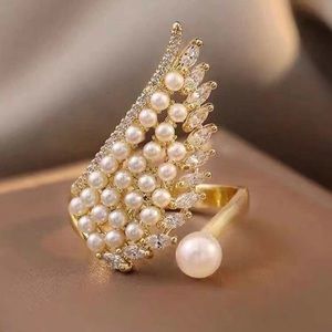 Mia Wynn 1pc Luxurious Jewel-embedded And Pearls Wing Ring- Gold